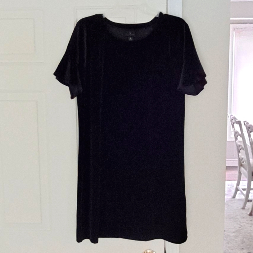 Worthington Black Velvet look Ruffle Holiday Party Wedding Midi Dress. Sz M.